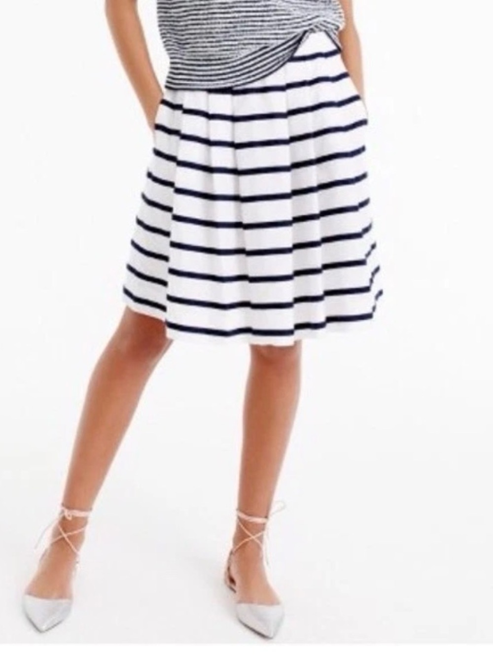 J. Crew White and Navy Striped Pleated Mini Skirt